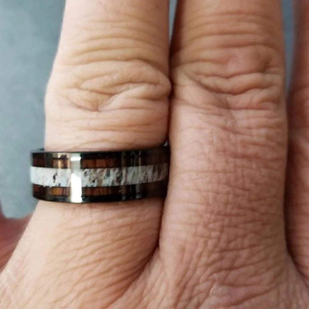 Personalized Engraved Men's Black Tungsten Wedding Ring Bone and Koa Wood